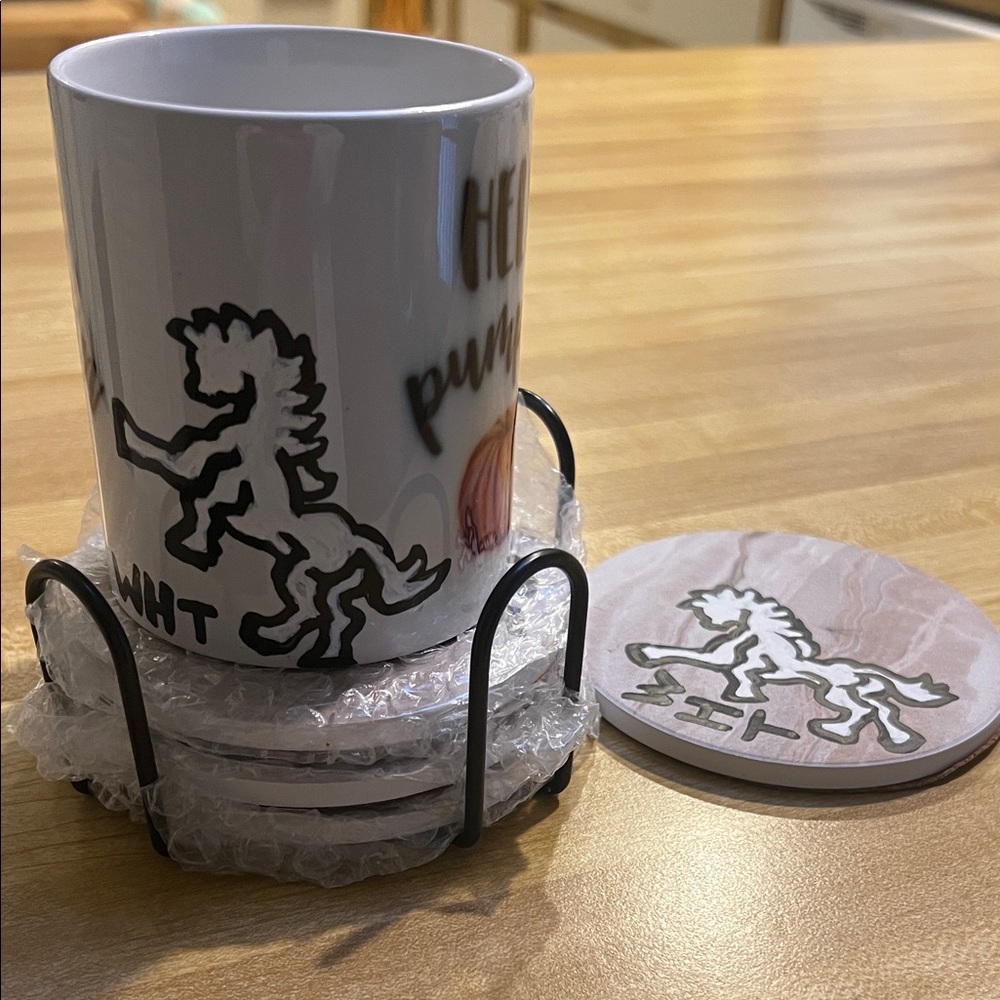 4 Coaster’s & 1 White Mug with White Horse Thunder (WHT) Design. Bundle